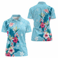 Hawaii Tropical Flowers Women Polo Shirt - Polynesian Tattoo Sky Blue LT05 - Polynesian Pride