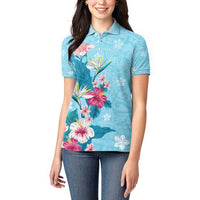 Hawaii Tropical Flowers Women Polo Shirt - Polynesian Tattoo Sky Blue LT05 - Polynesian Pride
