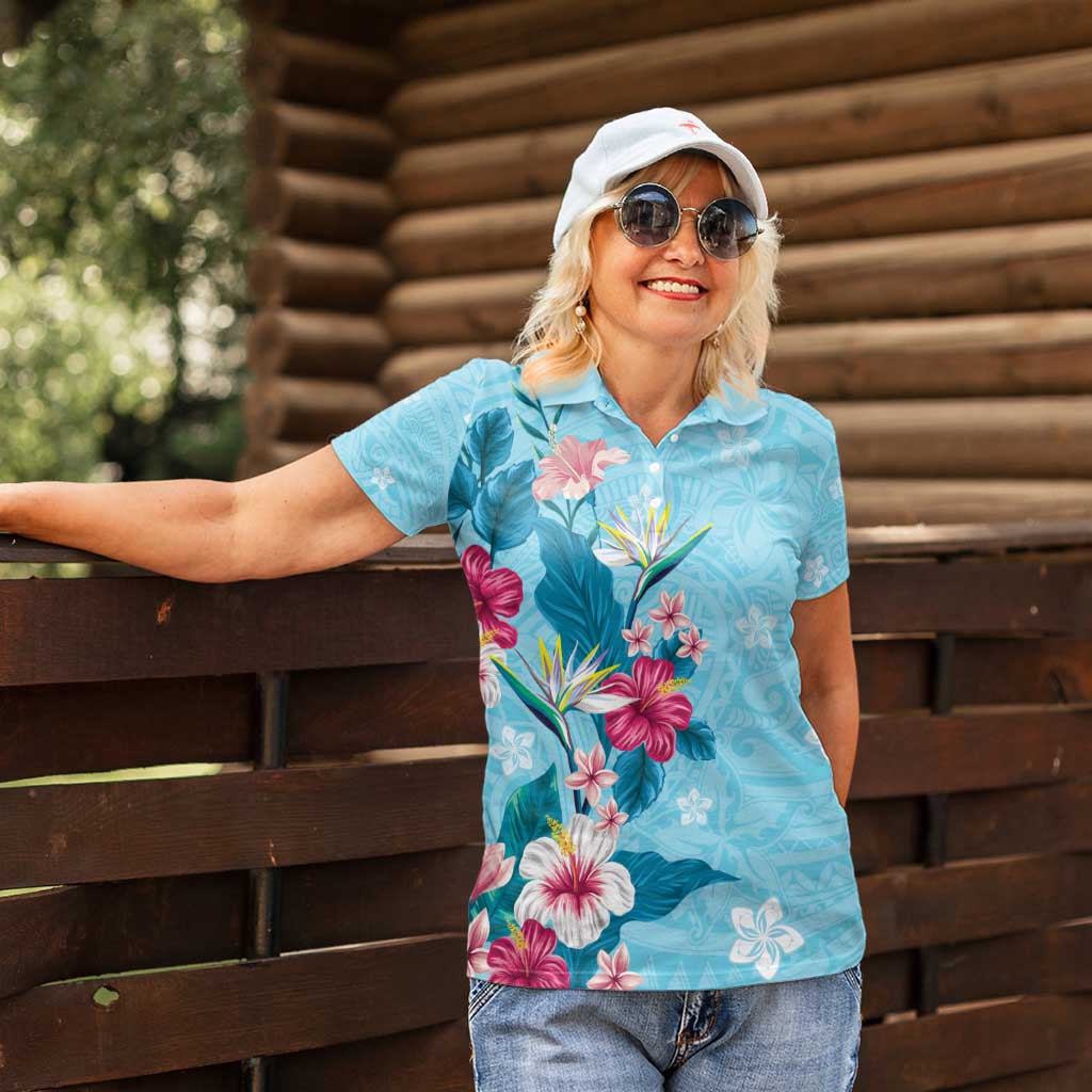 Hawaii Tropical Flowers Women Polo Shirt - Polynesian Tattoo Sky Blue LT05 - Polynesian Pride