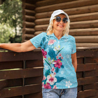 Hawaii Tropical Flowers Women Polo Shirt - Polynesian Tattoo Sky Blue LT05 - Polynesian Pride