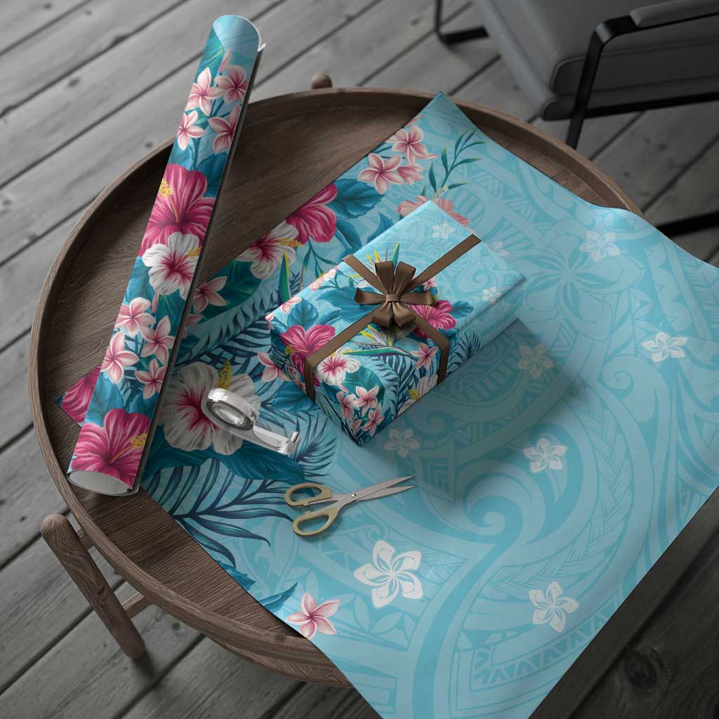 Hawaii Tropical Flowers Wrapping Paper Polynesian Tattoo Sky Blue LT05 - Polynesian Pride