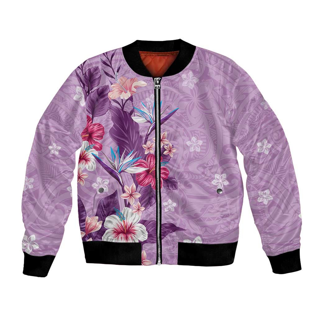 Hawaii Tropical Flowers Bomber Jacket Polynesian Tattoo Lavender LT05 Unisex Lavender - Polynesian Pride