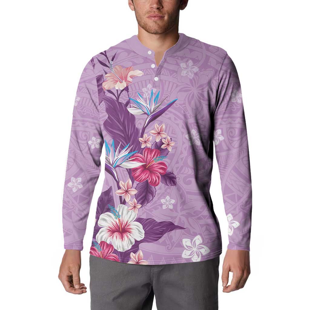 Hawaii Tropical Flowers Button Sweatshirt Polynesian Tattoo Lavender LT05 - Polynesian Pride