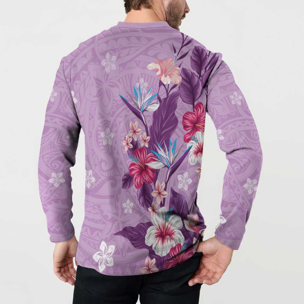 Hawaii Tropical Flowers Button Sweatshirt Polynesian Tattoo Lavender LT05 - Polynesian Pride