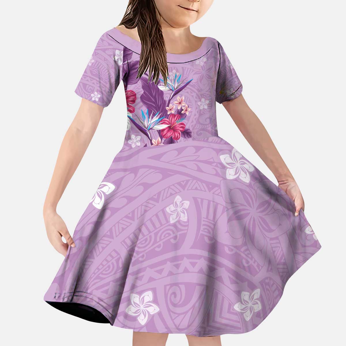 Hawaii Tropical Flowers Kid Short Sleeve Dress Polynesian Tattoo Lavender LT05 KID Lavender - Polynesian Pride