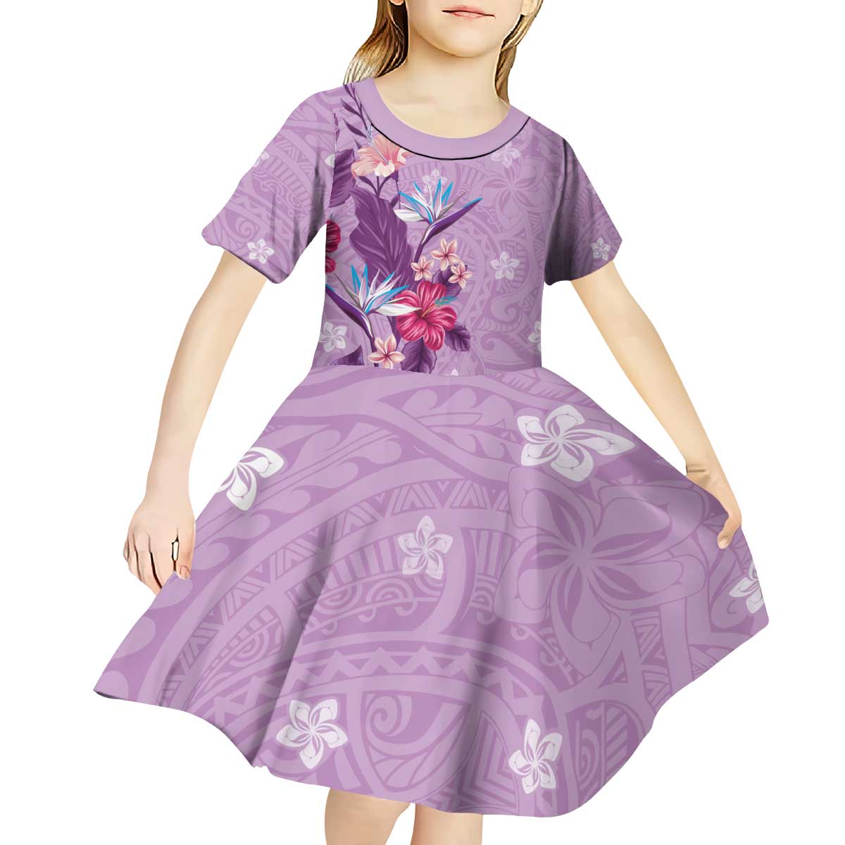 Hawaii Tropical Flowers Kid Short Sleeve Dress Polynesian Tattoo Lavender LT05 - Polynesian Pride