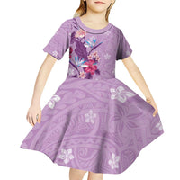Hawaii Tropical Flowers Kid Short Sleeve Dress Polynesian Tattoo Lavender LT05 - Polynesian Pride
