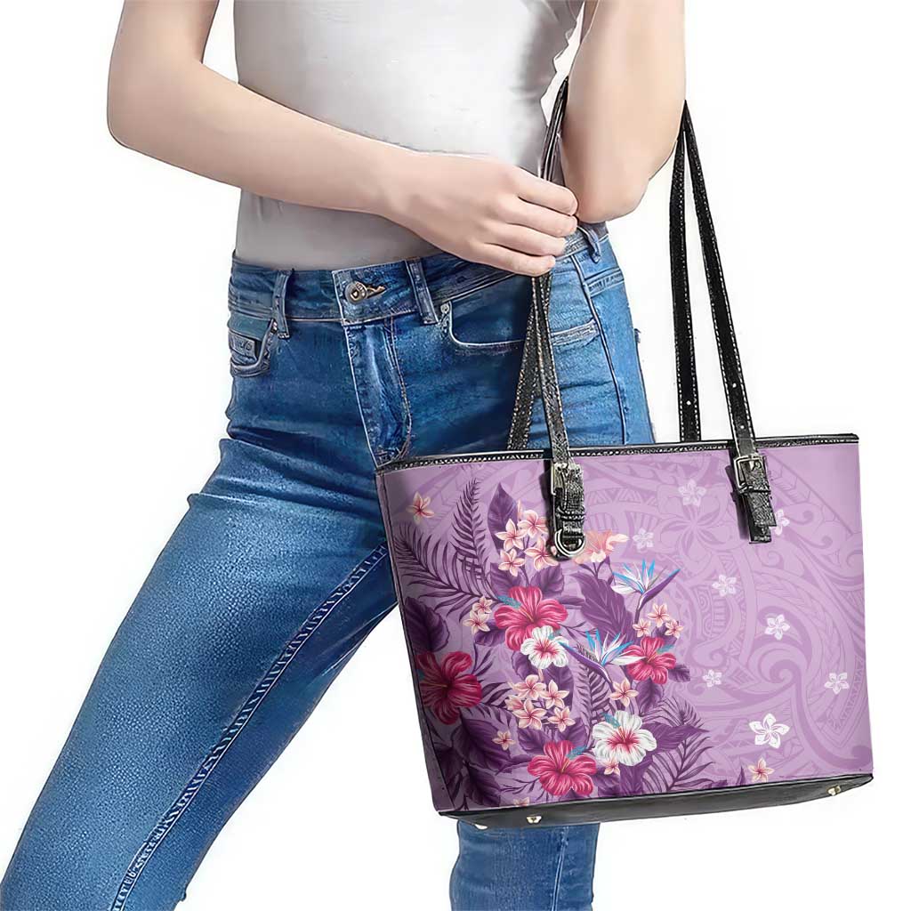 Hawaii Tropical Flowers Leather Tote Bag Polynesian Tattoo Lavender LT05 - Polynesian Pride