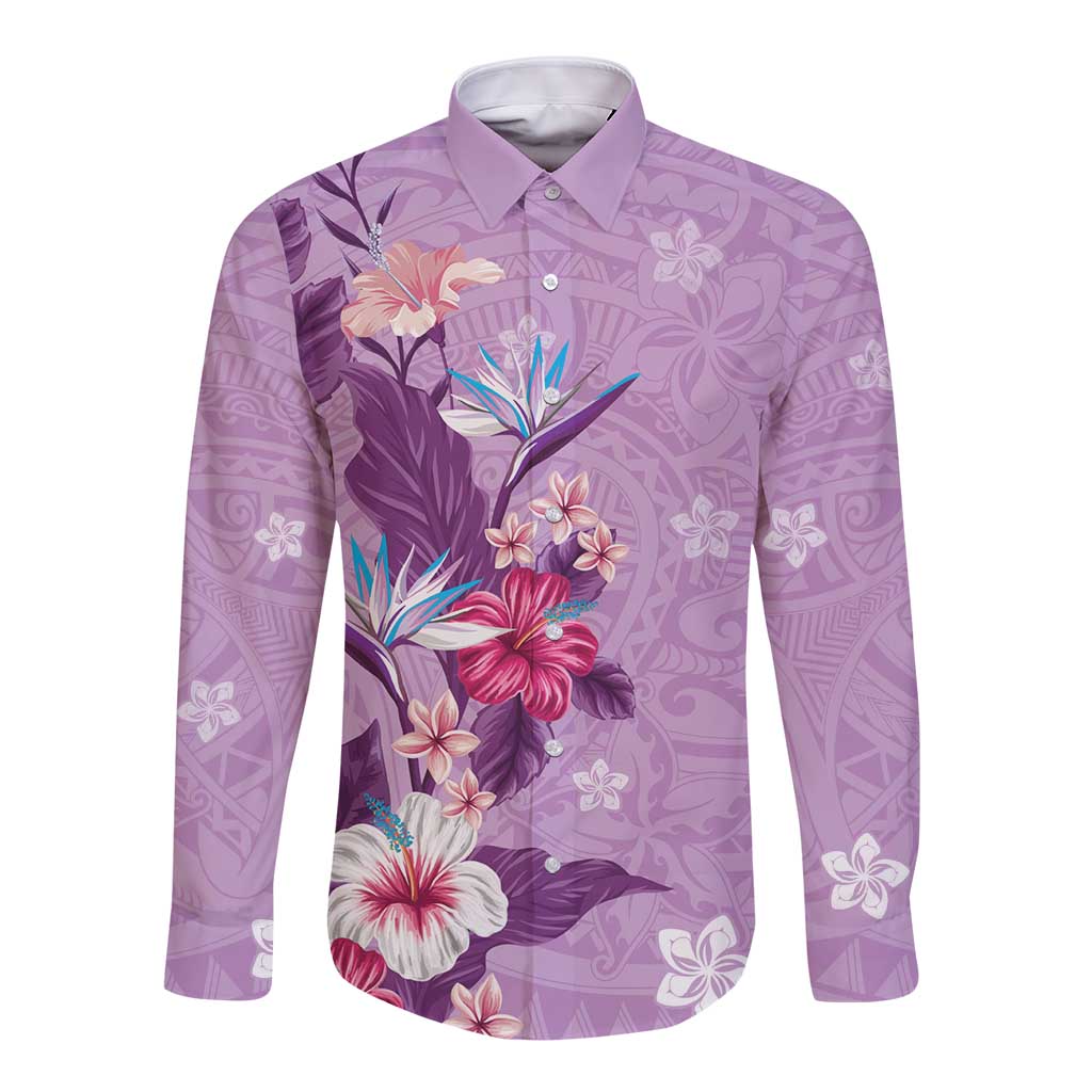 Hawaii Tropical Flowers Long Sleeve Button Shirt Polynesian Tattoo Lavender LT05 Unisex Lavender - Polynesian Pride