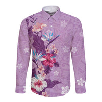 Hawaii Tropical Flowers Long Sleeve Button Shirt Polynesian Tattoo Lavender LT05 Unisex Lavender - Polynesian Pride
