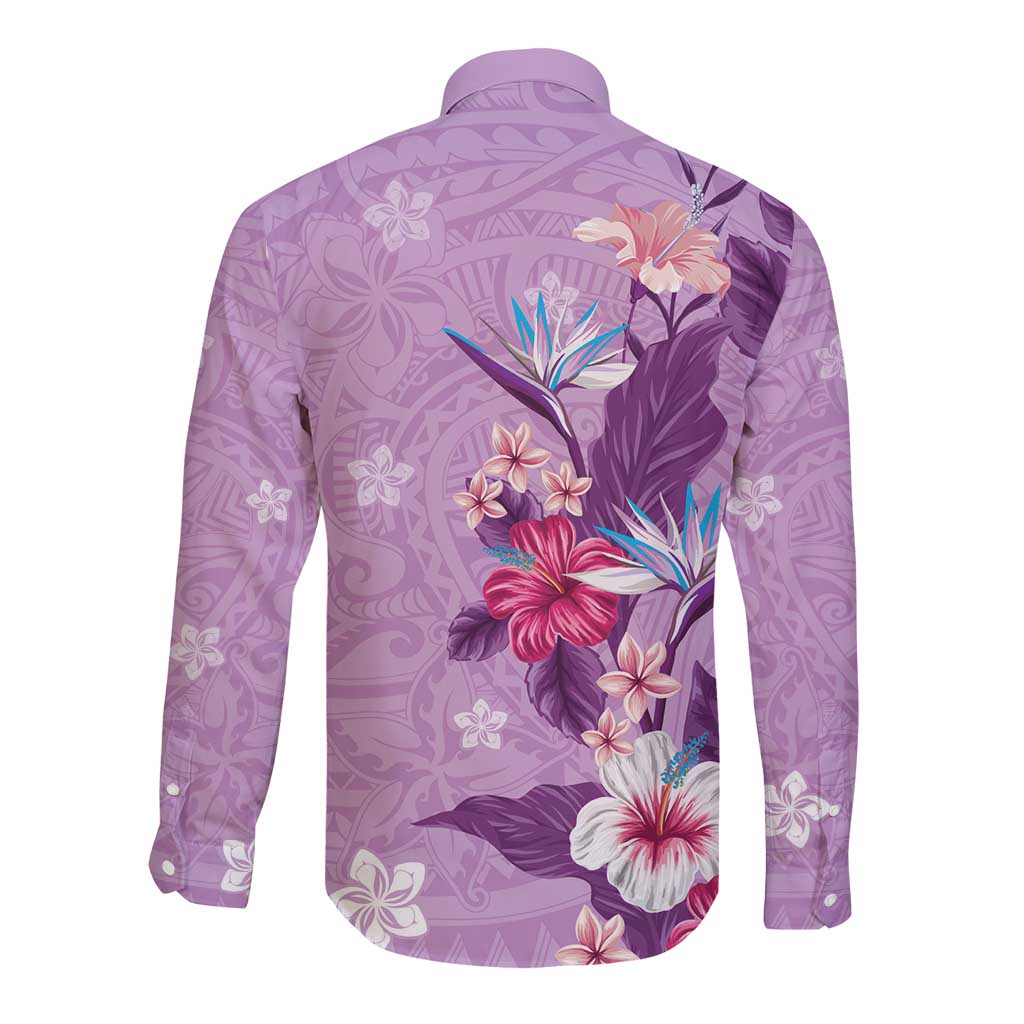 Hawaii Tropical Flowers Long Sleeve Button Shirt Polynesian Tattoo Lavender LT05 - Polynesian Pride