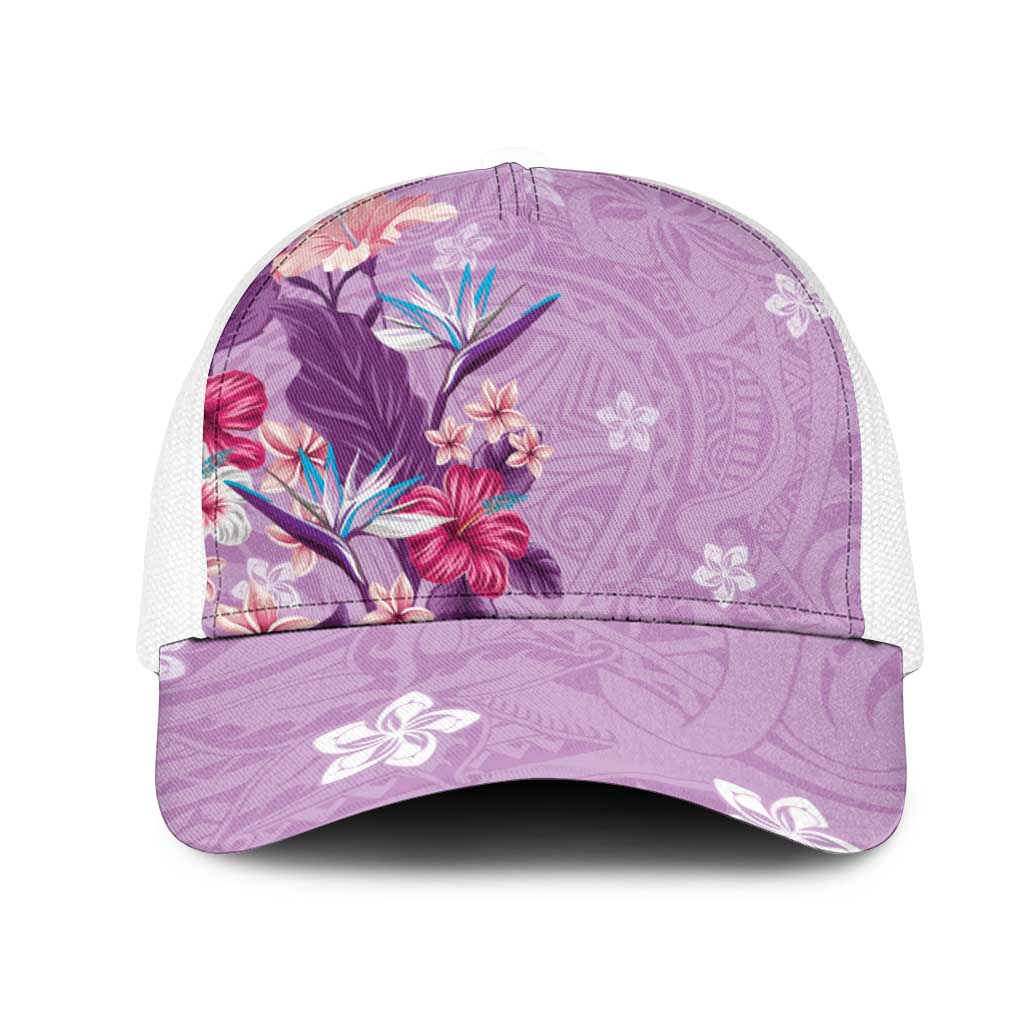 Hawaii Tropical Flowers Mesh Trucker Cap Polynesian Tattoo Lavender LT05 One Size White Lavender - Polynesian Pride