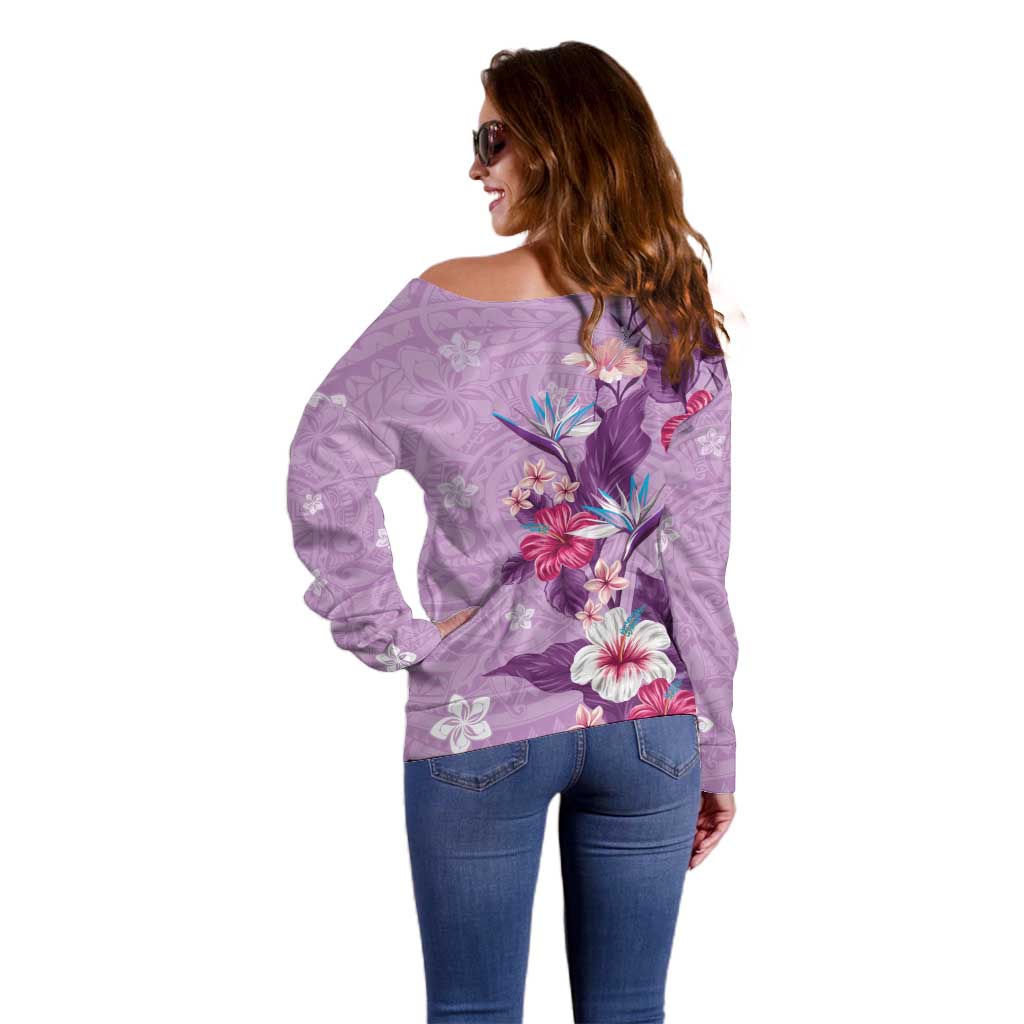 Hawaii Tropical Flowers Off Shoulder Sweater Polynesian Tattoo Lavender LT05 - Polynesian Pride