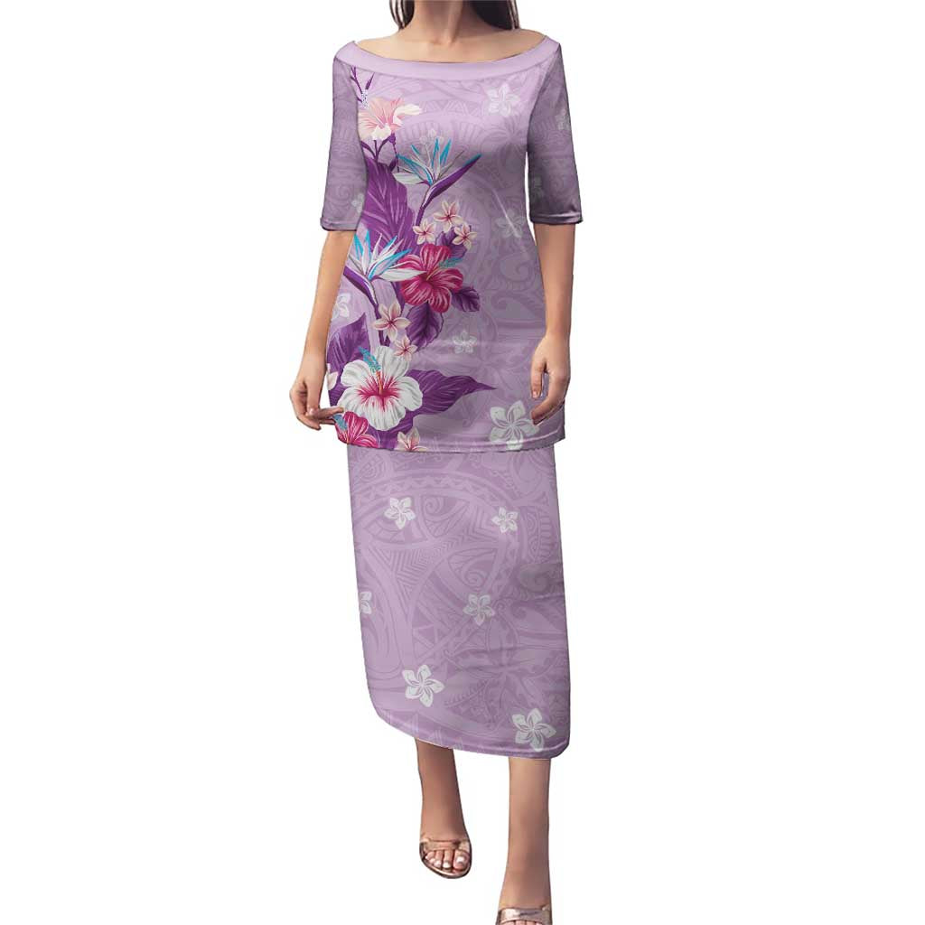 Hawaii Tropical Flowers Puletasi Polynesian Tattoo Lavender LT05 Long Dress Lavender - Polynesian Pride