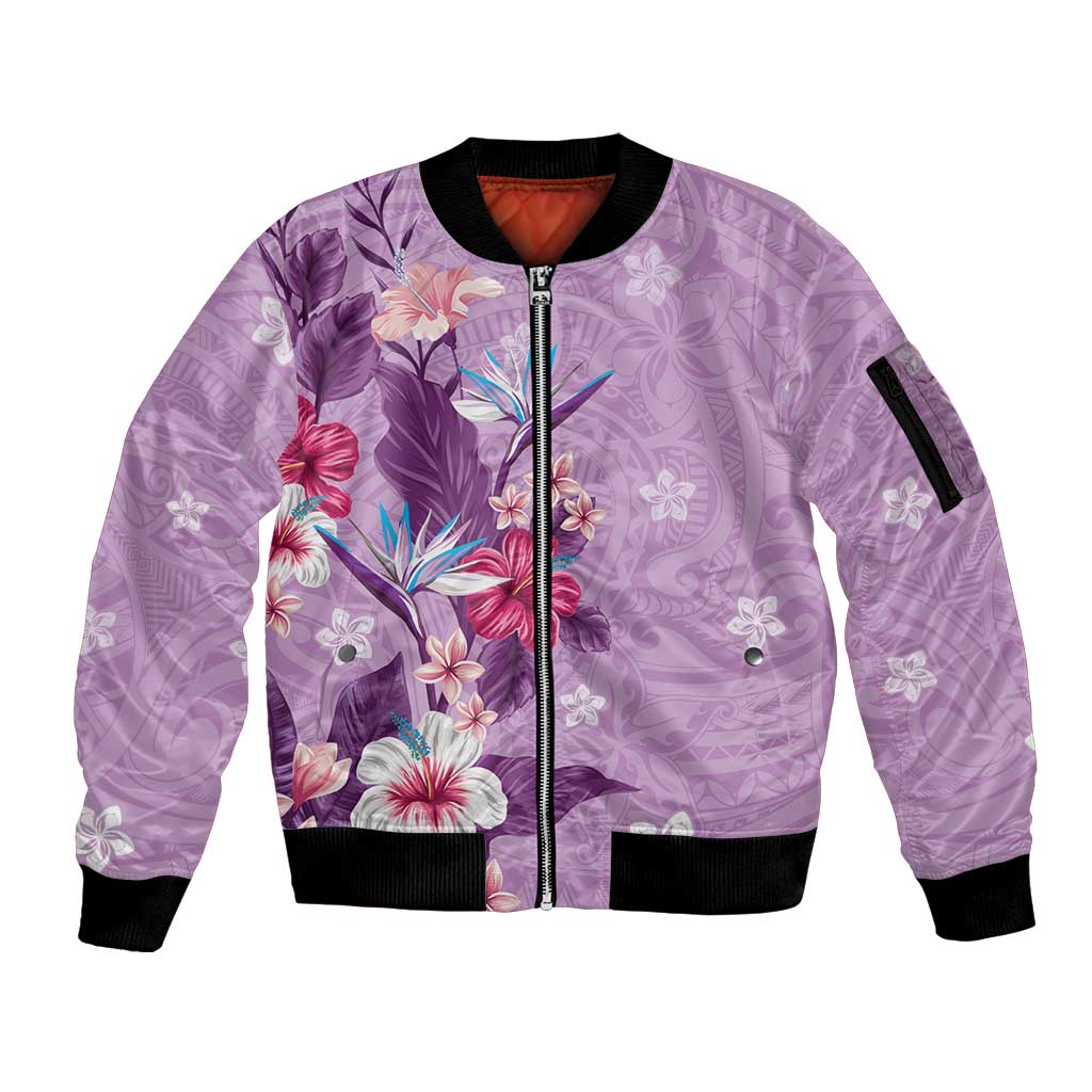 Hawaii Tropical Flowers Sleeve Zip Bomber Jacket Polynesian Tattoo Lavender LT05 Unisex Lavender - Polynesian Pride