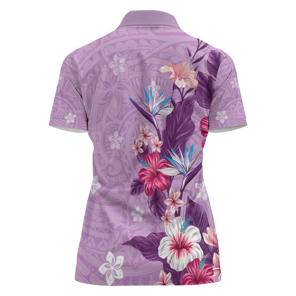 Hawaii Tropical Flowers Women Polo Shirt Polynesian Tattoo Lavender LT05 - Polynesian Pride