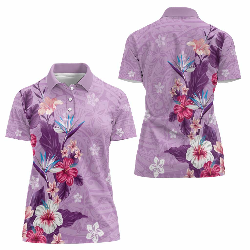 Hawaii Tropical Flowers Women Polo Shirt Polynesian Tattoo Lavender LT05 - Polynesian Pride