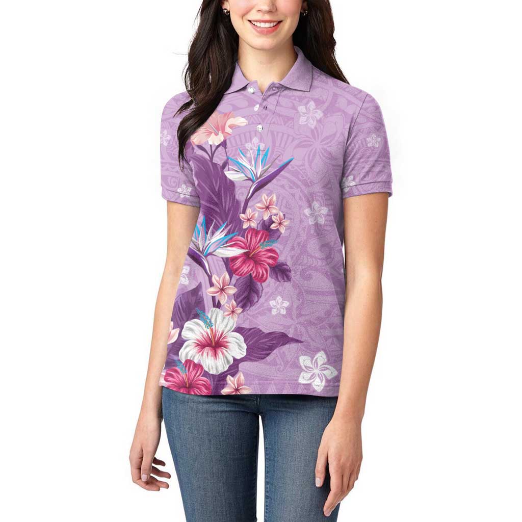 Hawaii Tropical Flowers Women Polo Shirt Polynesian Tattoo Lavender LT05 - Polynesian Pride
