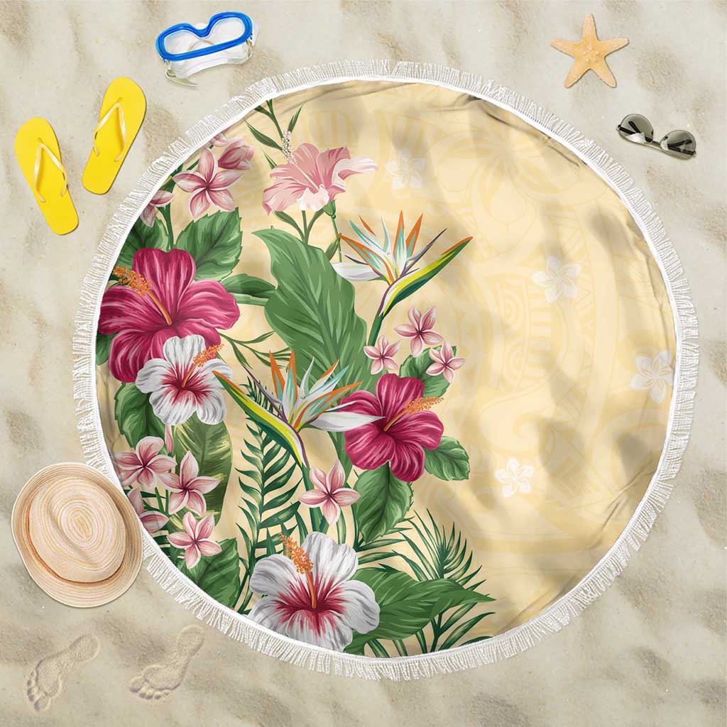 Hawaii Tropical Flowers Beach Blanket Polynesian Tattoo Buttermilk LT05 One Size 150cm Beige - Polynesian Pride