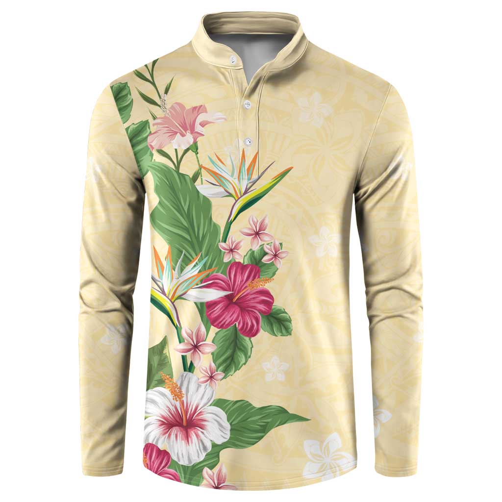 Hawaii Tropical Flowers Button Sweatshirt Polynesian Tattoo Buttermilk LT05 Beige - Polynesian Pride