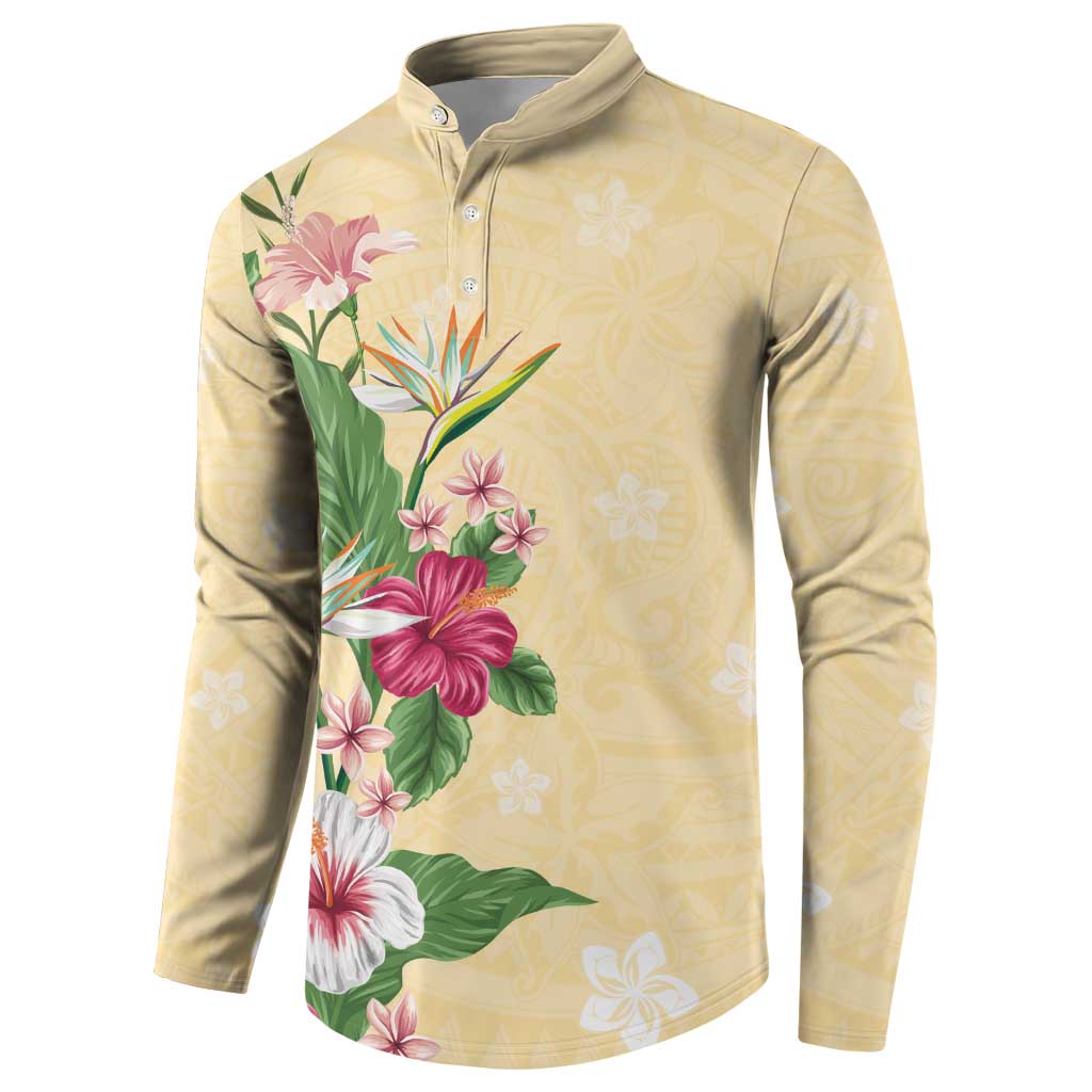 Hawaii Tropical Flowers Button Sweatshirt Polynesian Tattoo Buttermilk LT05 - Polynesian Pride