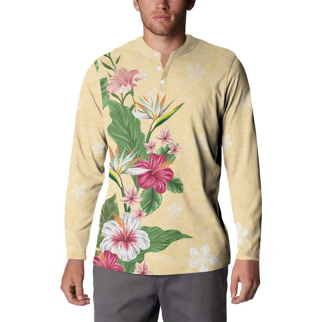 Hawaii Tropical Flowers Button Sweatshirt Polynesian Tattoo Buttermilk LT05 - Polynesian Pride