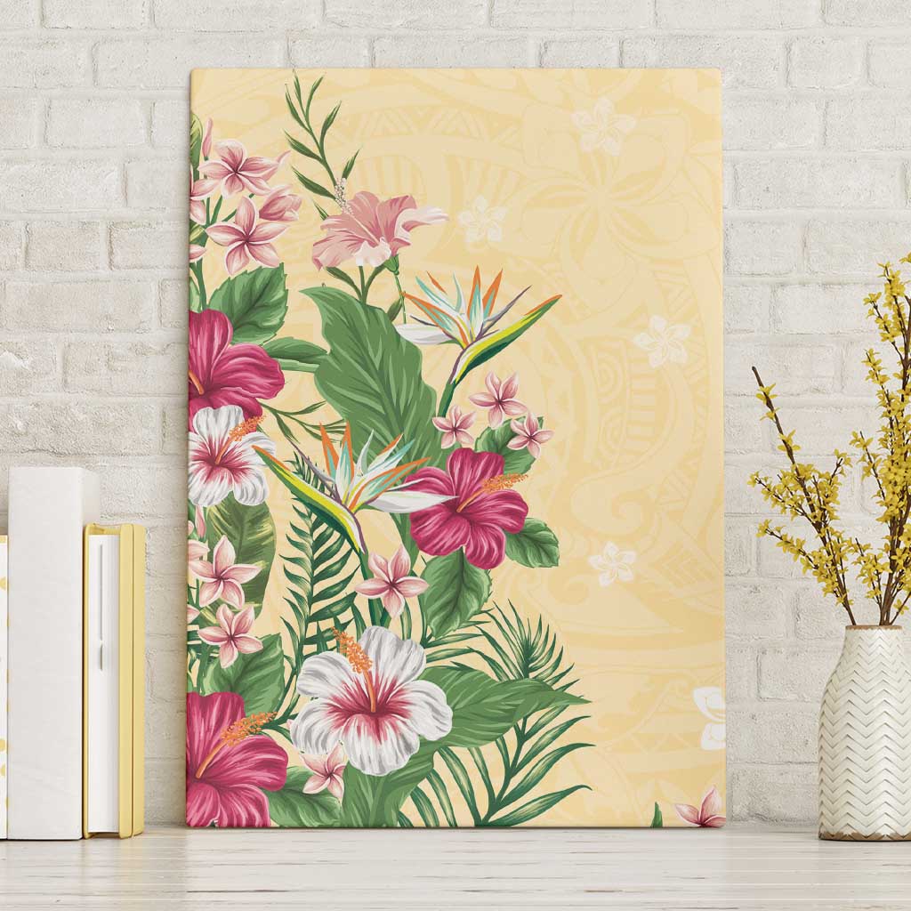 Hawaii Tropical Flowers Canvas Wall Art Polynesian Tattoo Buttermilk LT05 Without Frame Beige - Polynesian Pride