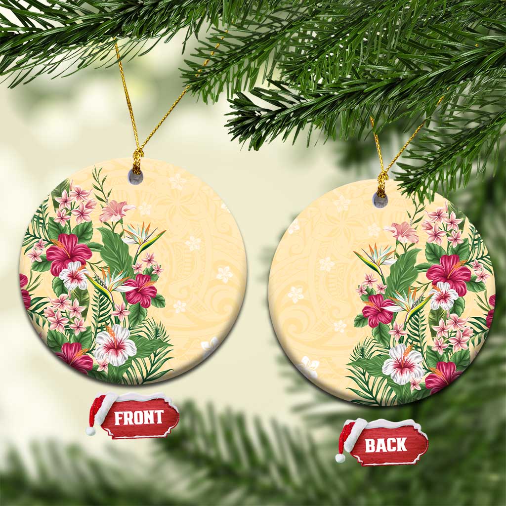 Hawaii Tropical Flowers Ceramic Ornament Polynesian Tattoo Buttermilk LT05 Circle Beige - Polynesian Pride