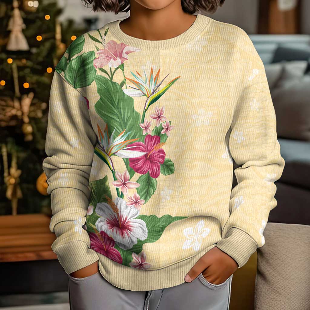 Hawaii Tropical Flowers Kid Ugly Christmas Sweater Polynesian Tattoo Buttermilk LT05 - Polynesian Pride