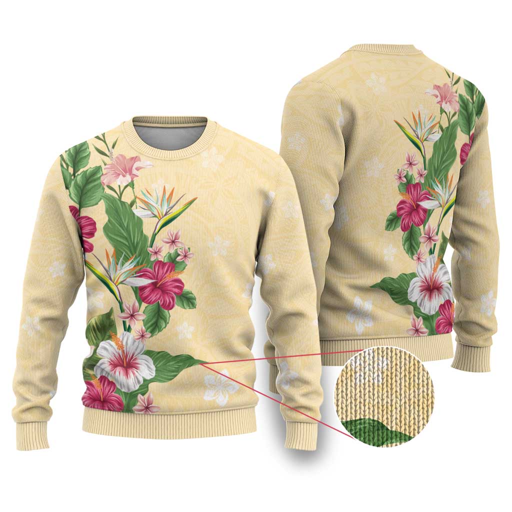 Hawaii Tropical Flowers Ugly Christmas Sweater Polynesian Tattoo Buttermilk LT05 Beige - Polynesian Pride