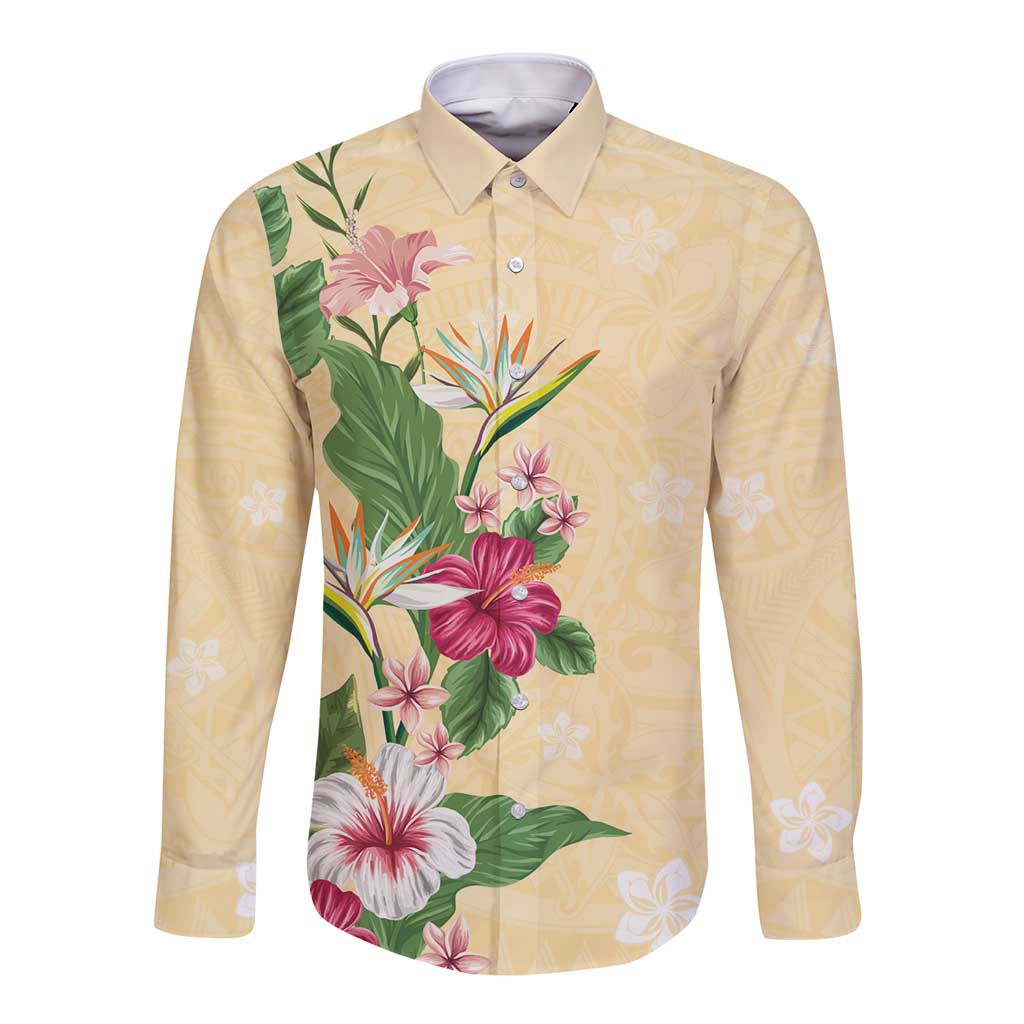 Hawaii Tropical Flowers Long Sleeve Button Shirt Polynesian Tattoo Buttermilk LT05 Unisex Beige - Polynesian Pride