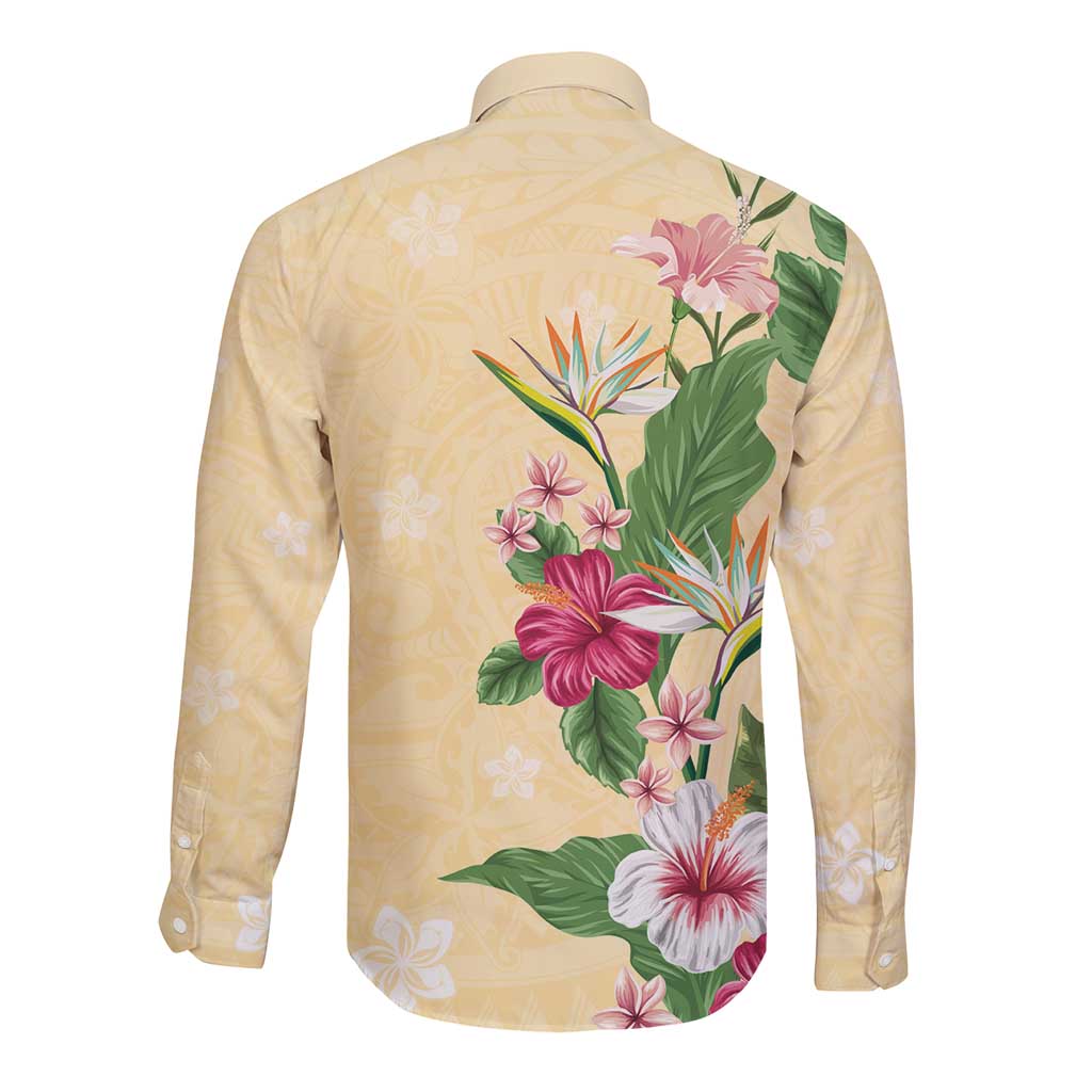 Hawaii Tropical Flowers Long Sleeve Button Shirt Polynesian Tattoo Buttermilk LT05 - Polynesian Pride