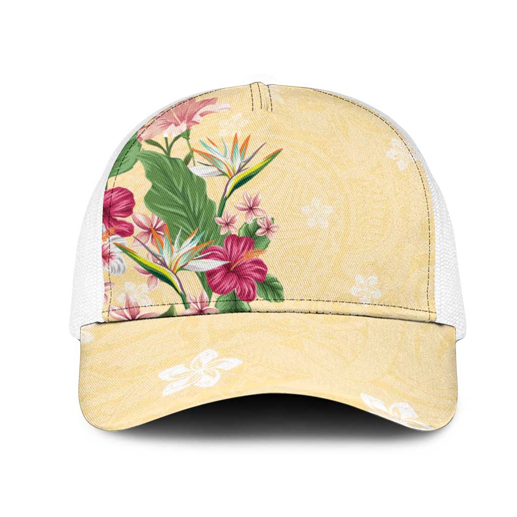 Hawaii Tropical Flowers Mesh Trucker Cap Polynesian Tattoo Buttermilk LT05 One Size White Beige - Polynesian Pride