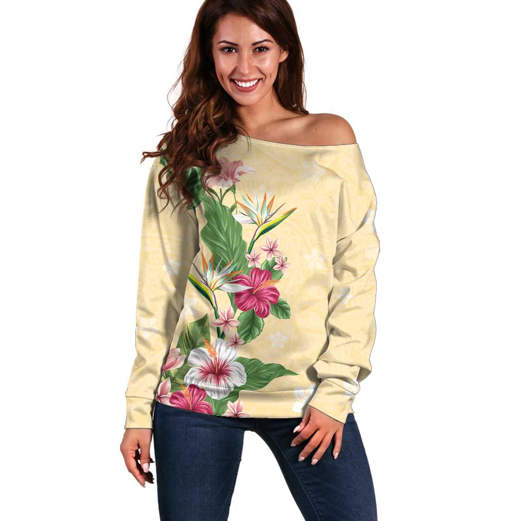 Hawaii Tropical Flowers Off Shoulder Sweater Polynesian Tattoo Buttermilk LT05 Women Beige - Polynesian Pride