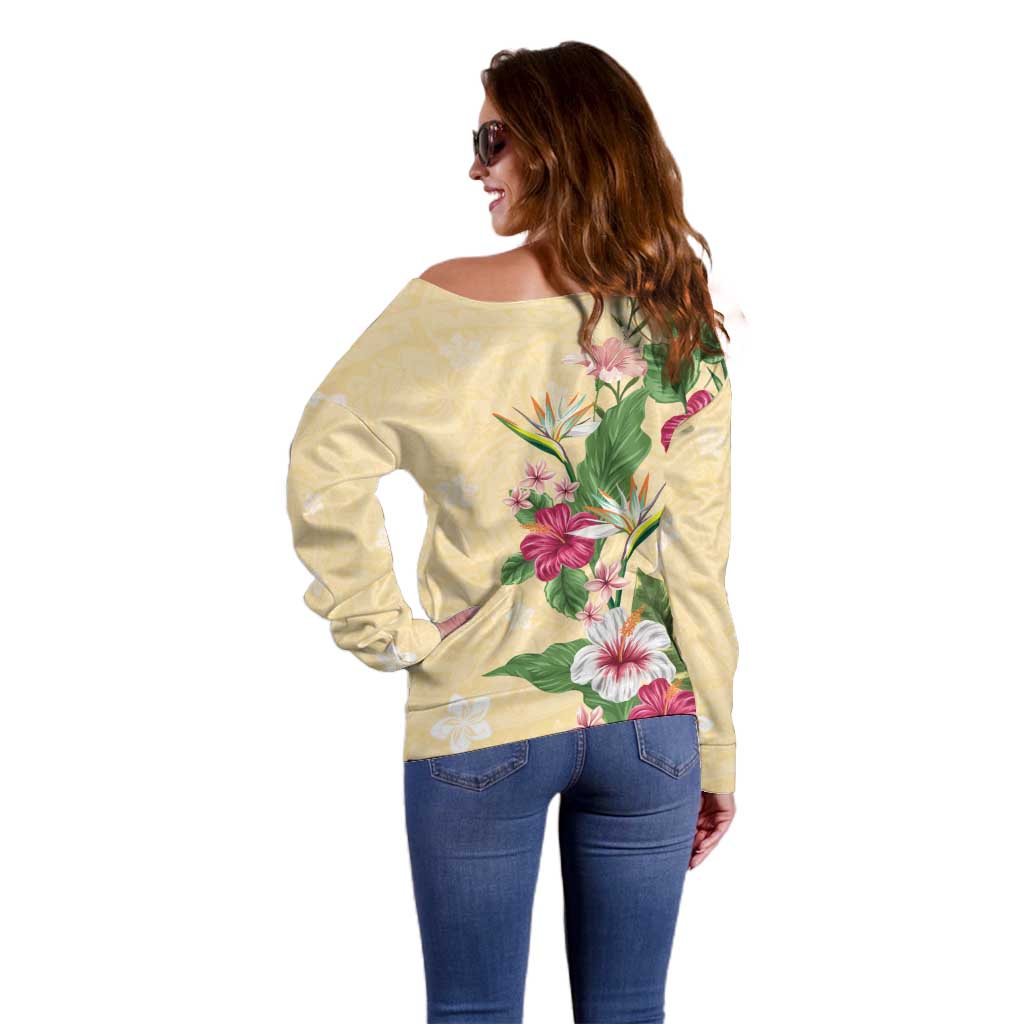 Hawaii Tropical Flowers Off Shoulder Sweater Polynesian Tattoo Buttermilk LT05 - Polynesian Pride