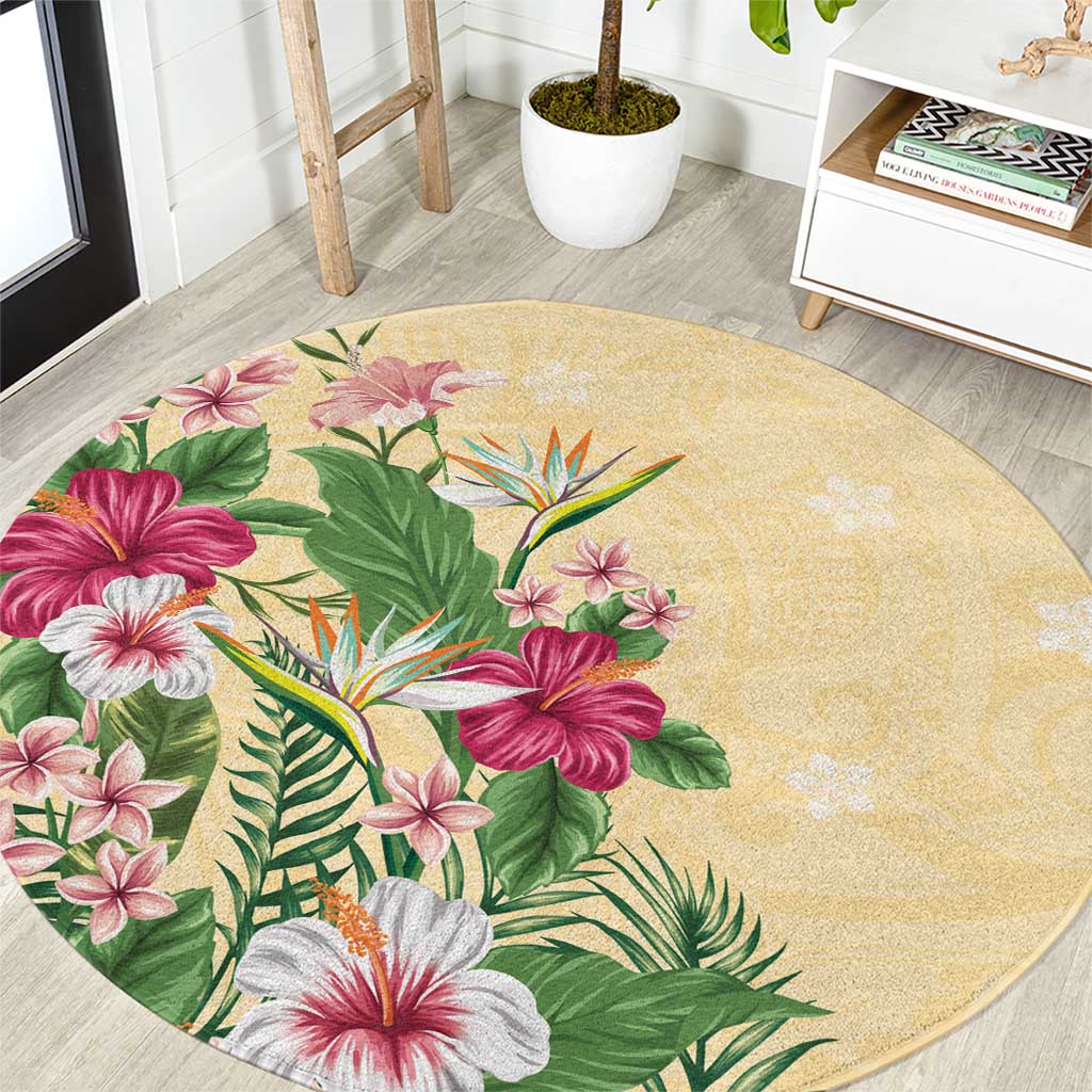 Hawaii Tropical Flowers Round Carpet Polynesian Tattoo Buttermilk LT05 Beige - Polynesian Pride