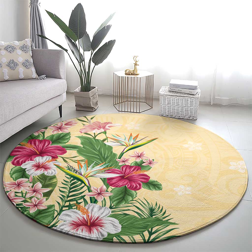 Hawaii Tropical Flowers Round Carpet Polynesian Tattoo Buttermilk LT05 - Polynesian Pride