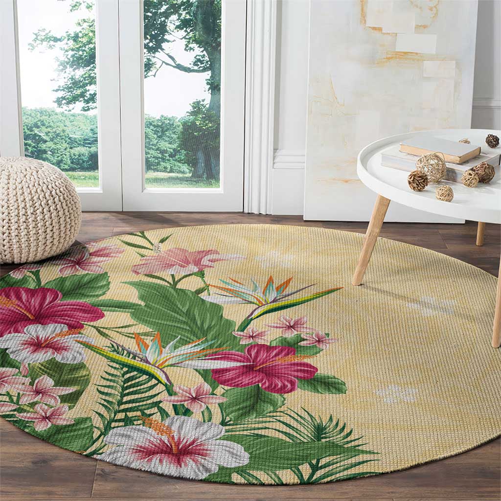 Hawaii Tropical Flowers Round Carpet Polynesian Tattoo Buttermilk LT05 - Polynesian Pride