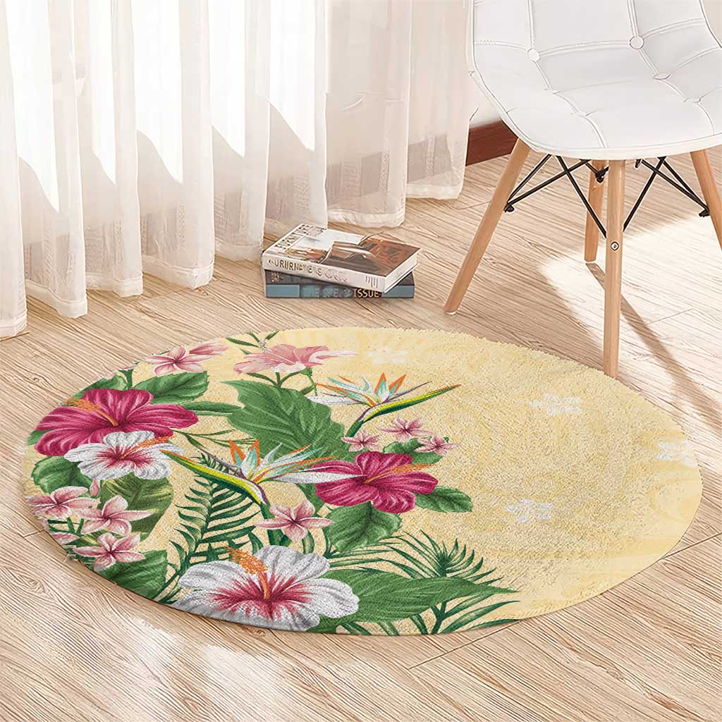Hawaii Tropical Flowers Round Carpet Polynesian Tattoo Buttermilk LT05 - Polynesian Pride