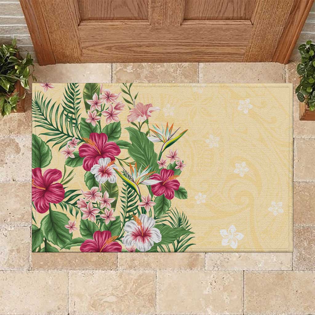 Hawaii Tropical Flowers Rubber Doormat Polynesian Tattoo Buttermilk LT05 Beige - Polynesian Pride