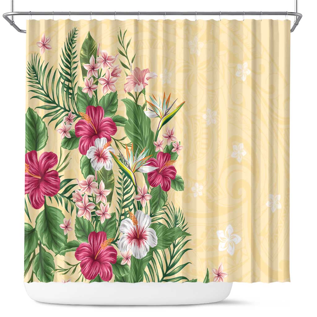 Hawaii Tropical Flowers Shower Curtain Polynesian Tattoo Buttermilk LT05 Beige - Polynesian Pride