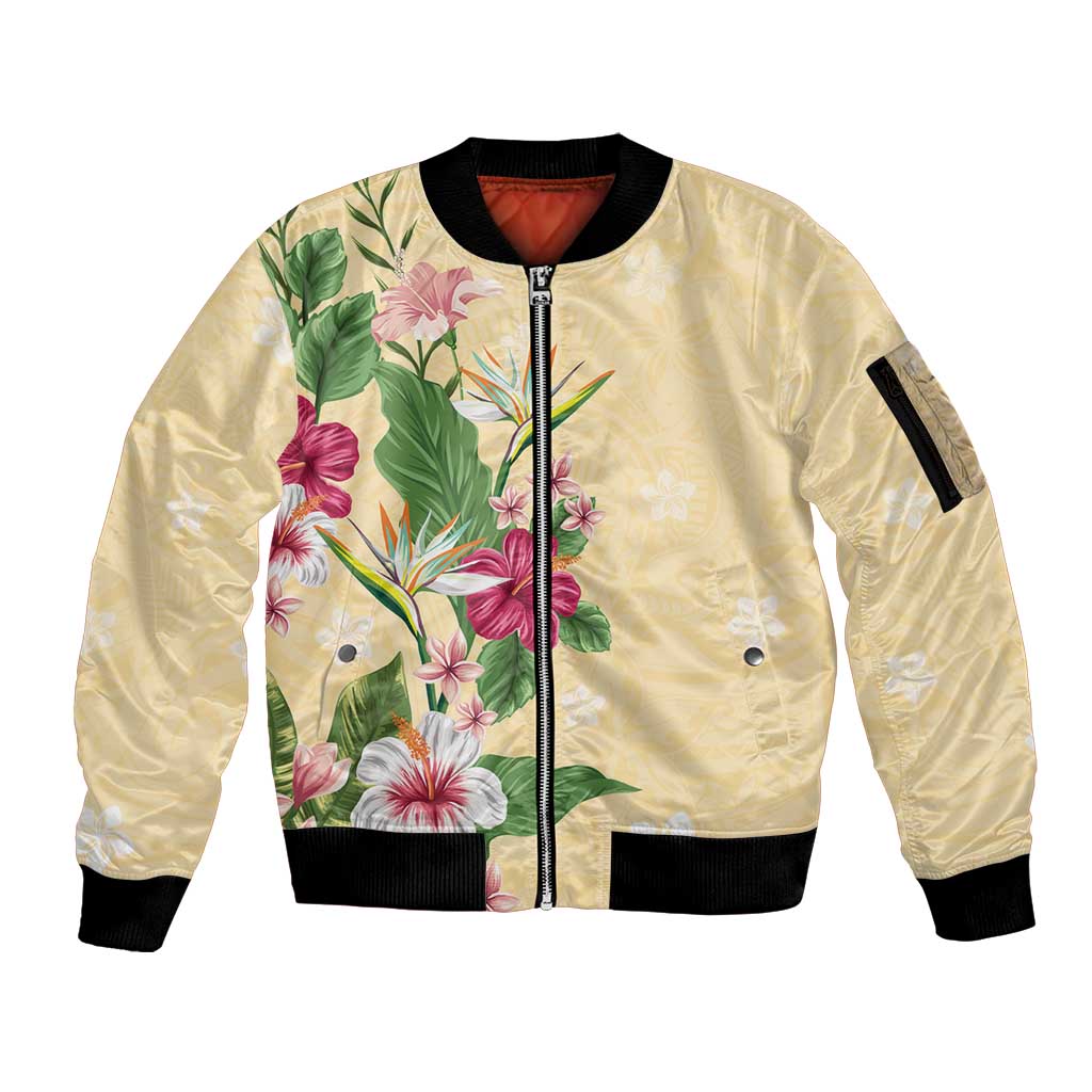 Hawaii Tropical Flowers Sleeve Zip Bomber Jacket Polynesian Tattoo Buttermilk LT05 Unisex Beige - Polynesian Pride