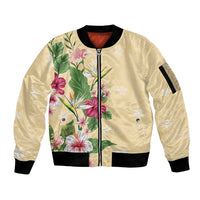 Hawaii Tropical Flowers Sleeve Zip Bomber Jacket Polynesian Tattoo Buttermilk LT05 Unisex Beige - Polynesian Pride
