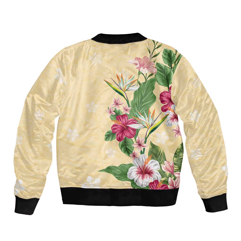 Hawaii Tropical Flowers Sleeve Zip Bomber Jacket Polynesian Tattoo Buttermilk LT05 - Polynesian Pride
