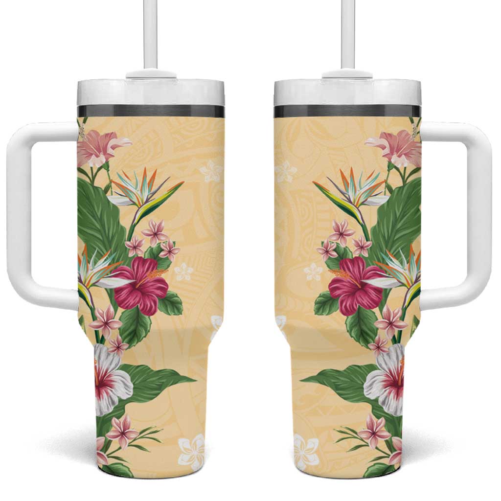 Hawaii Tropical Flowers Tumbler With Handle Polynesian Tattoo Buttermilk LT05 One Size: 40 oz Beige - Polynesian Pride