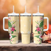 Hawaii Tropical Flowers Tumbler With Handle Polynesian Tattoo Buttermilk LT05 - Polynesian Pride