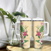 Hawaii Tropical Flowers Tumbler With Handle Polynesian Tattoo Buttermilk LT05 - Polynesian Pride