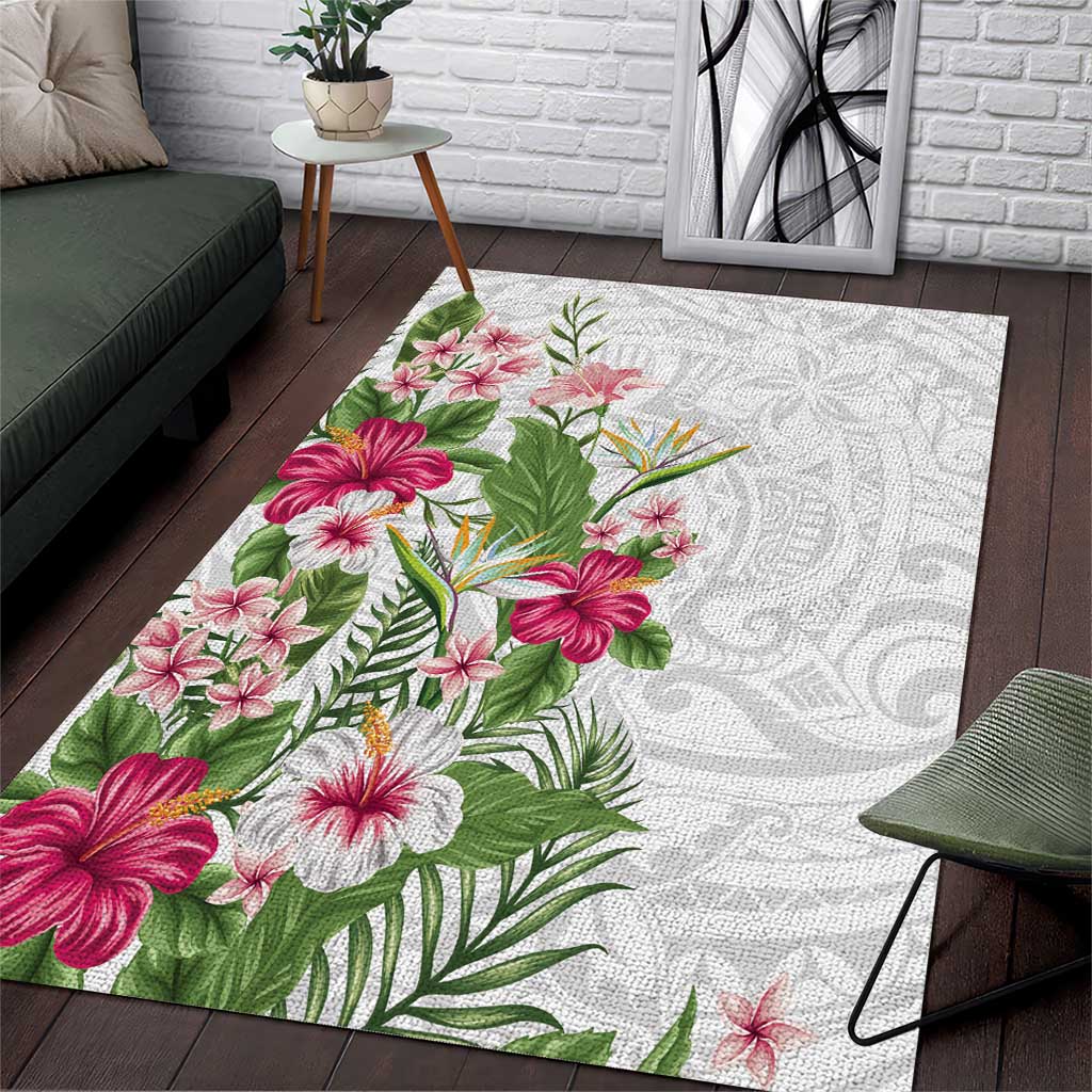 Hawaii Tropical Flowers Area Rug Polynesian Tattoo White LT05 White - Polynesian Pride