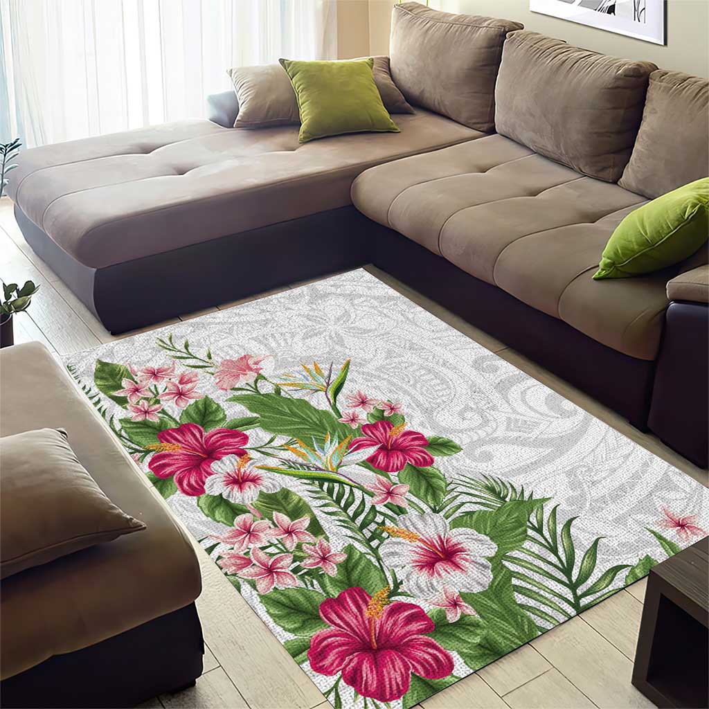 Hawaii Tropical Flowers Area Rug Polynesian Tattoo White LT05 - Polynesian Pride