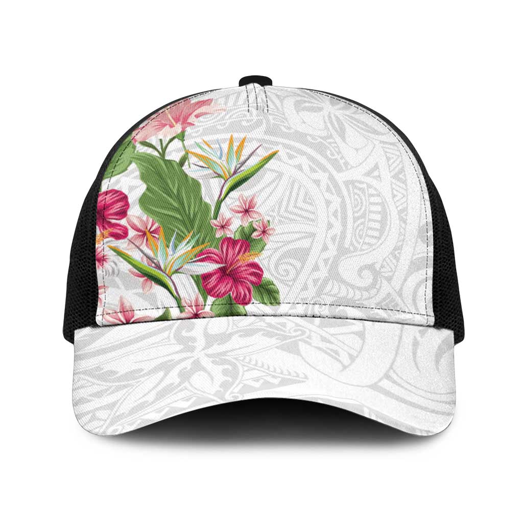 Hawaii Tropical Flowers Baseball Net Cap Polynesian Tattoo White LT05 One Size Black White - Polynesian Pride